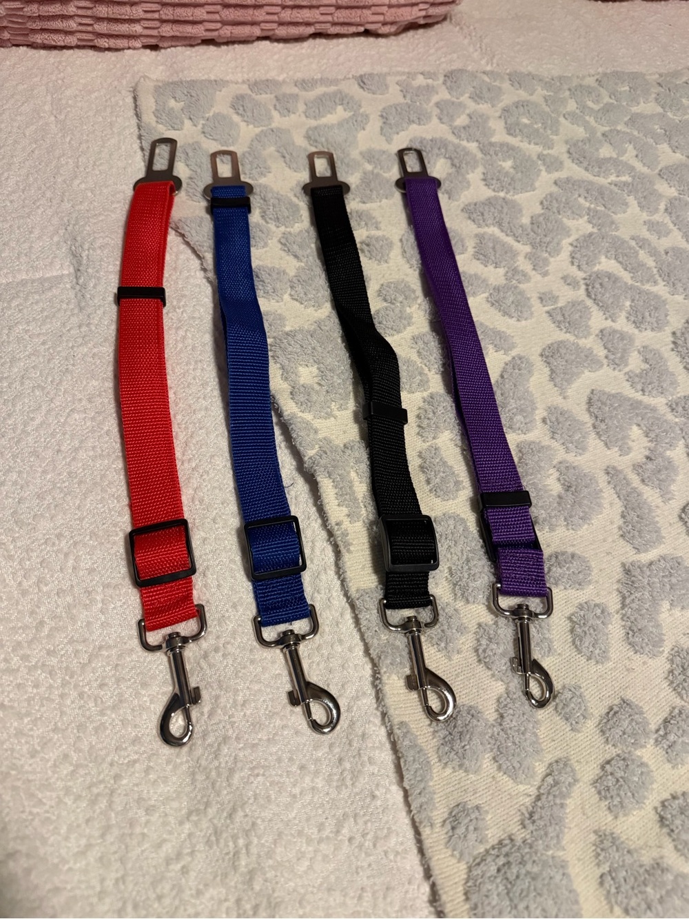Adjustable Red, Blue, Black, and Purple Small Pet Seat Belt Tethers